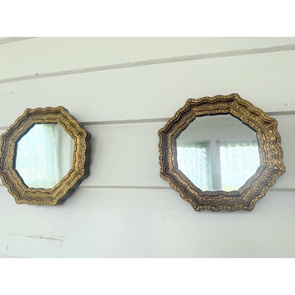 Vintage 1960s Pair of Plastic Ornate Gold Gilt Octagonal Wall Mirrors